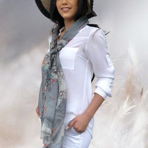 Gray Floral Silk Print Scarf